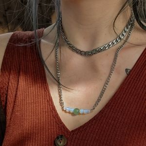 Stainless Steel Gemstone Bar Necklace- Green Aventurine and Opalite Pendant